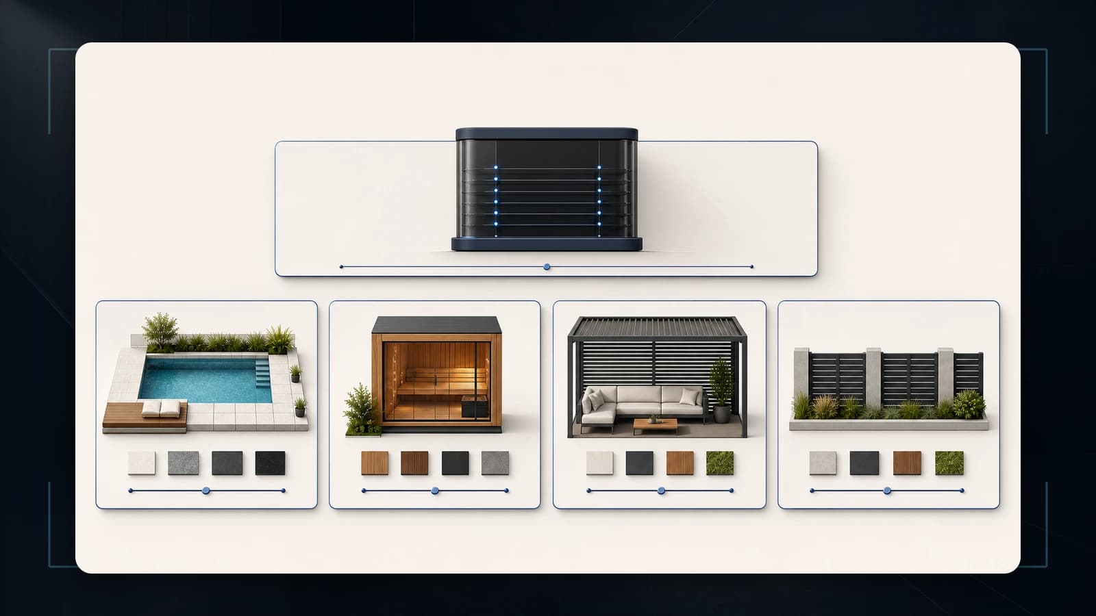 Product Configuration Platform with pool, sauna, fence, pergola, and shading product categories