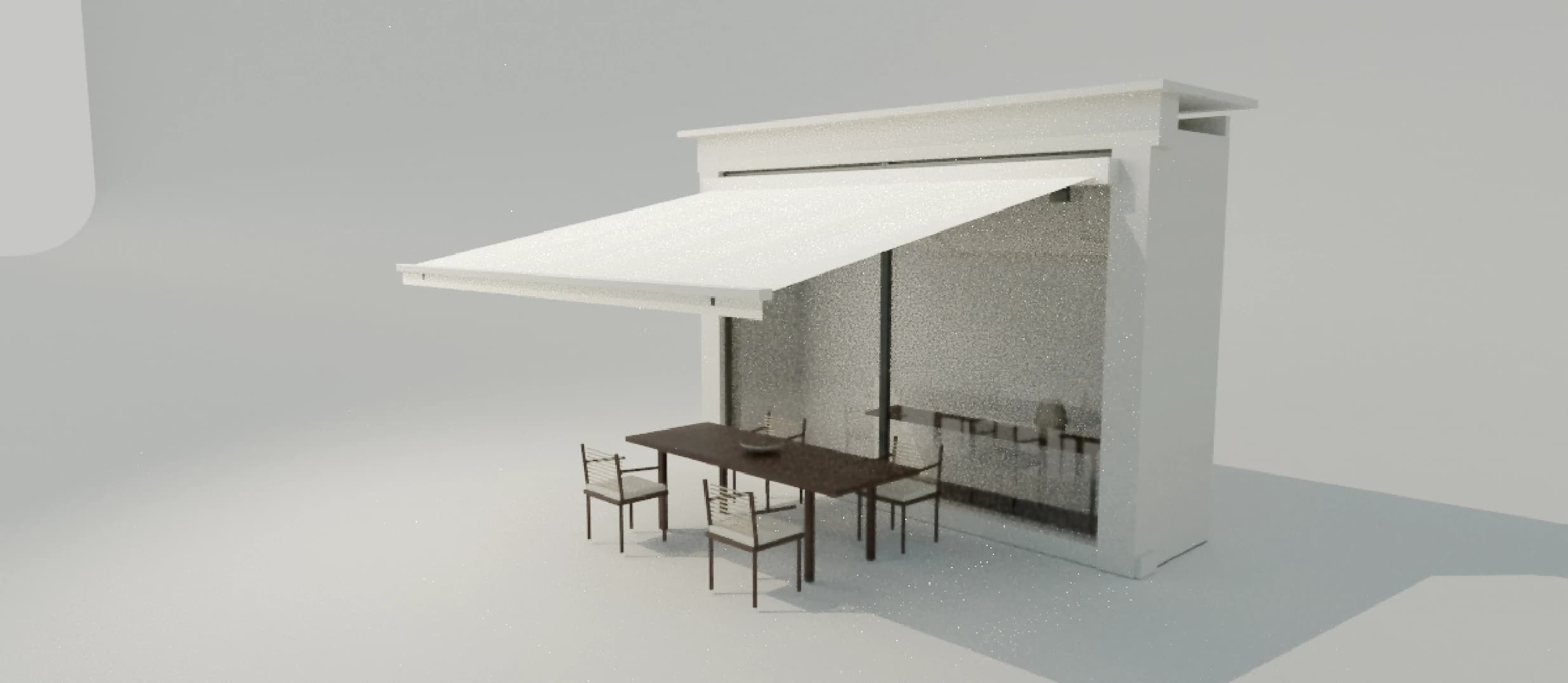 Actual render of an articulated awning over a dining table