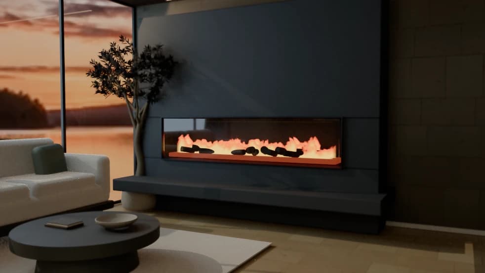 Actual render of a long gas fireplace in a living room at dusk