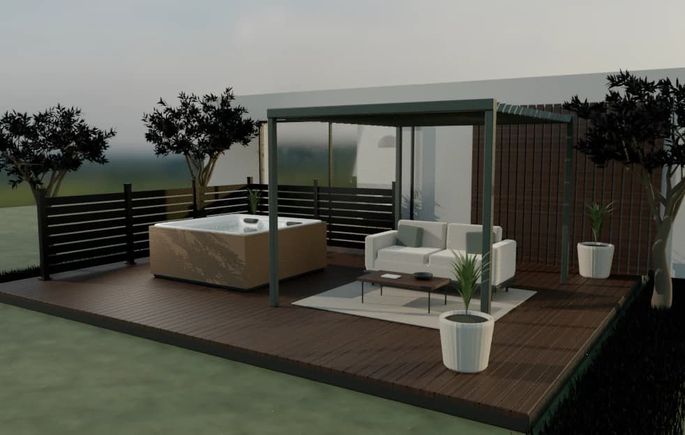 Actual Garden studio render with a hot tub, a fence, a pergola and terrace seating