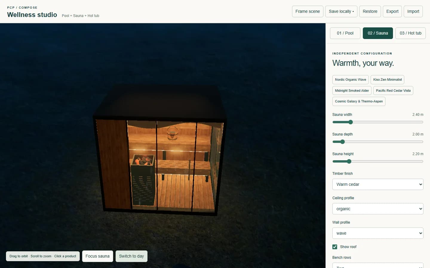 The working Wellness studio: a cedar sauna at night with its width, depth, height and timber finish choices