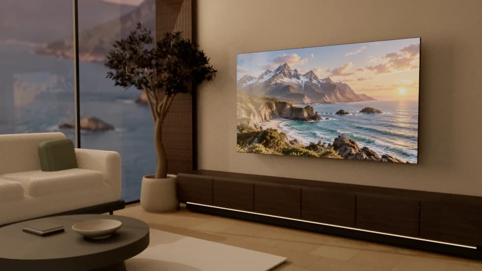 Actual render of a wall-mounted TV above a low console