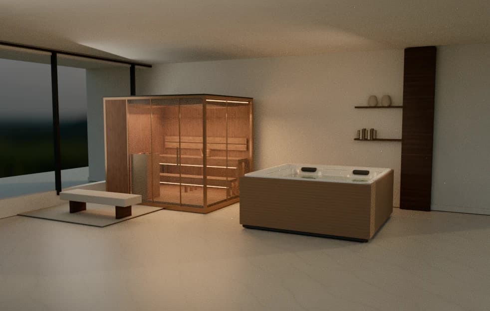 Actual Wellness studio render with a glass-fronted sauna and a hot tub